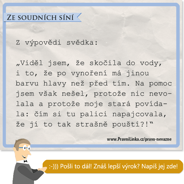 Viděl jsem, že skočila do vody, i to, že po vynoření má jinou barvu hlavy než před tím. Na pomoc jsem však nešel, protože nic nevolala a protože moje stará povídala: čím si tu hlavu napajcovala, že jí to tak strašně pouští?!